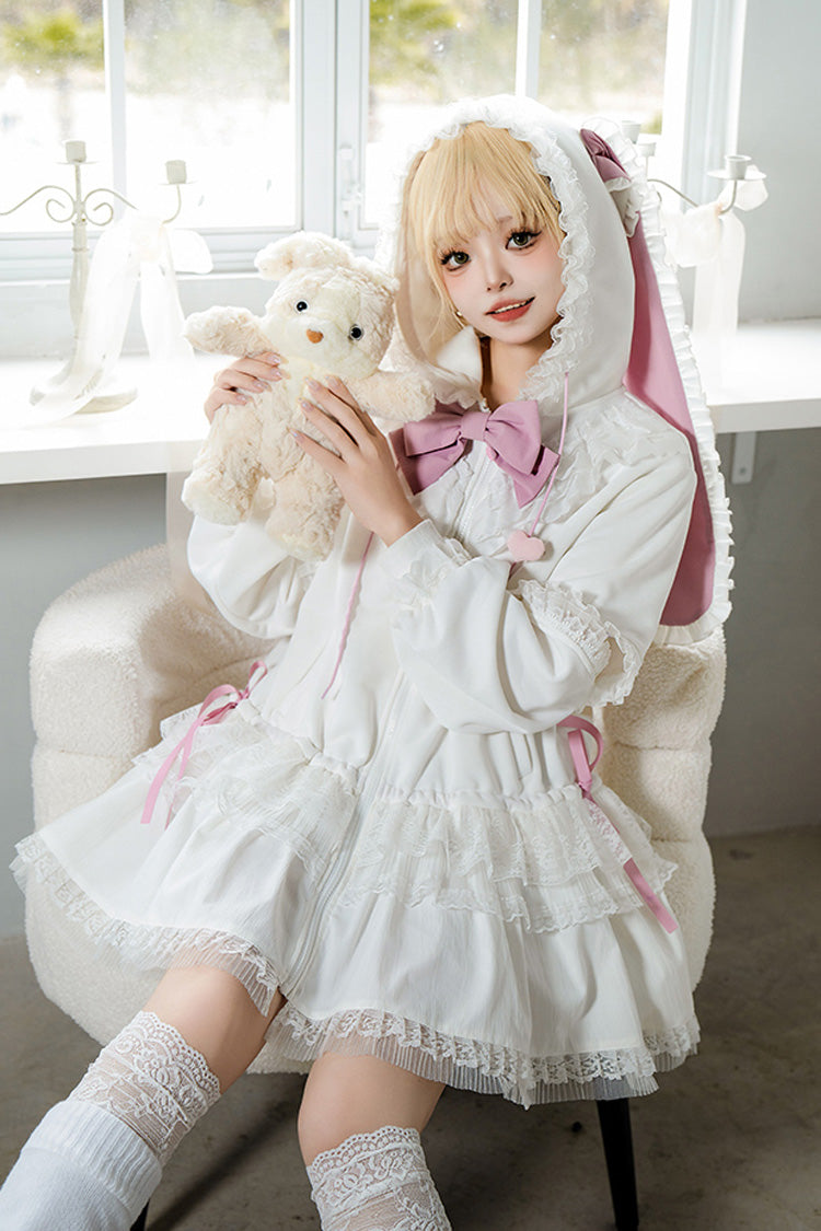 White Rabbit Ears Hooded Bowknot Lace Sweet Lolita Coat Set - White - 1