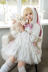 White Rabbit Ears Hooded Bowknot Lace Sweet Lolita Coat Set - White - 1