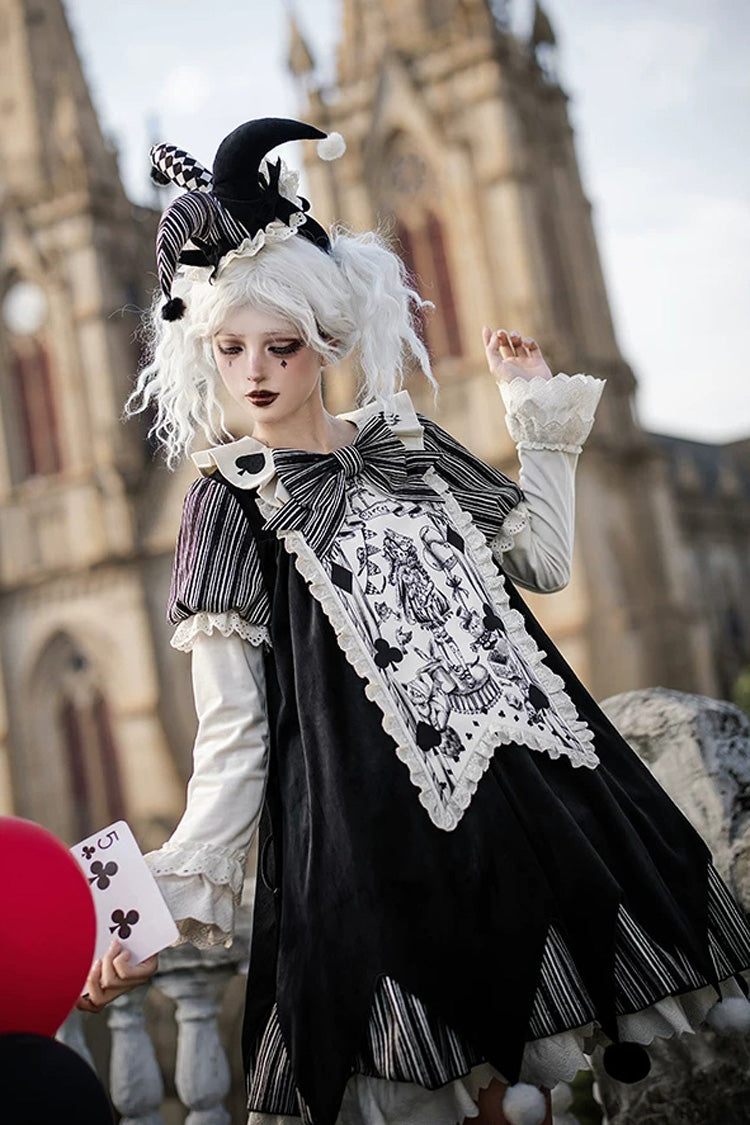 Black [Letters and Poems · Doll Mask] Poker Clown Long Sleeves Ruffled Bow Gothic Lolita Dress Set - Product - 12