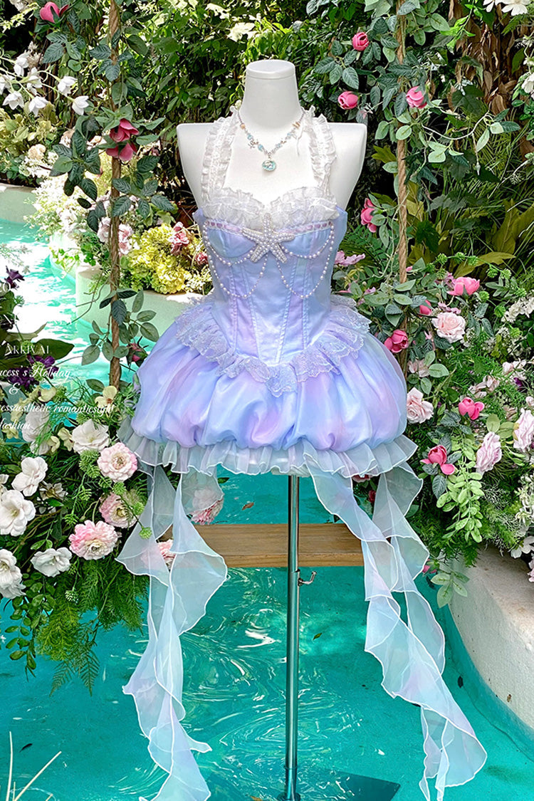 Blue [Starlight Jellyfish Princess] Halterneck Sleeveless Ruffle Lace Sweet Lolita Jsk Dress - Product - 11