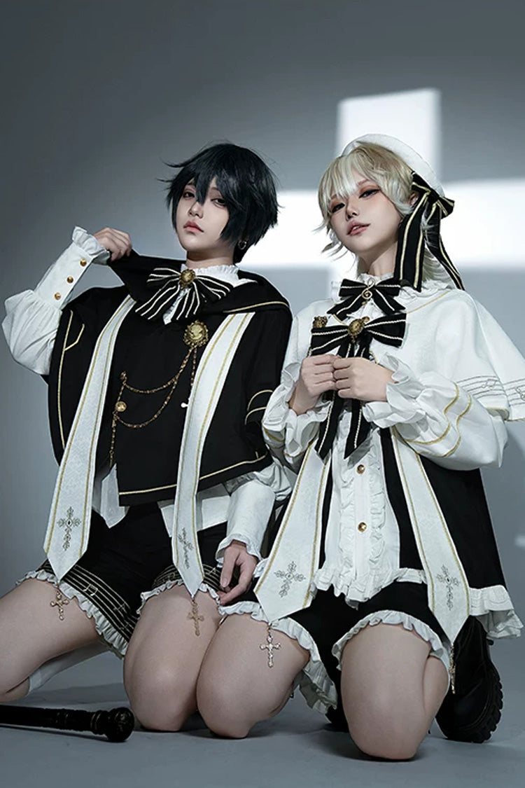 White [The Choir of The Church] Long Sleeves Bow Chain-Decorated Gothic Ouji Lolita Set - Product - 6