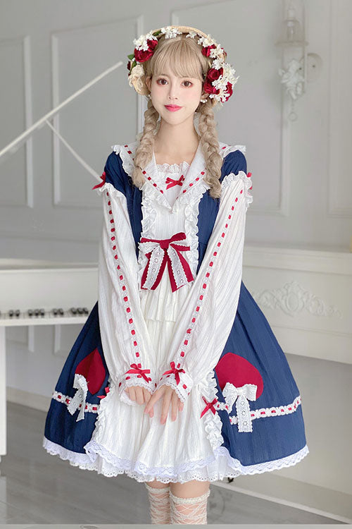 Blue/White Round Collar Bowknot Long Sleeves Multi-Layer Ruffled Sweet Lolita OP Dress - Product - 3