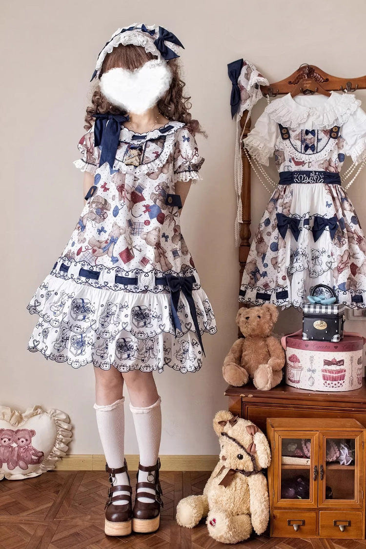 Multi-Color [Little Bear Tailor] Round Collar Short Sleeves Double-Layered Printed Ruffled Bow Sweet Lolita Dress - Multi-Color - 1