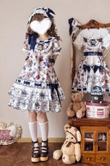 Multi-Color [Little Bear Tailor] Round Collar Short Sleeves Double-Layered Printed Ruffled Bow Sweet Lolita Dress - Multi-Color - 1