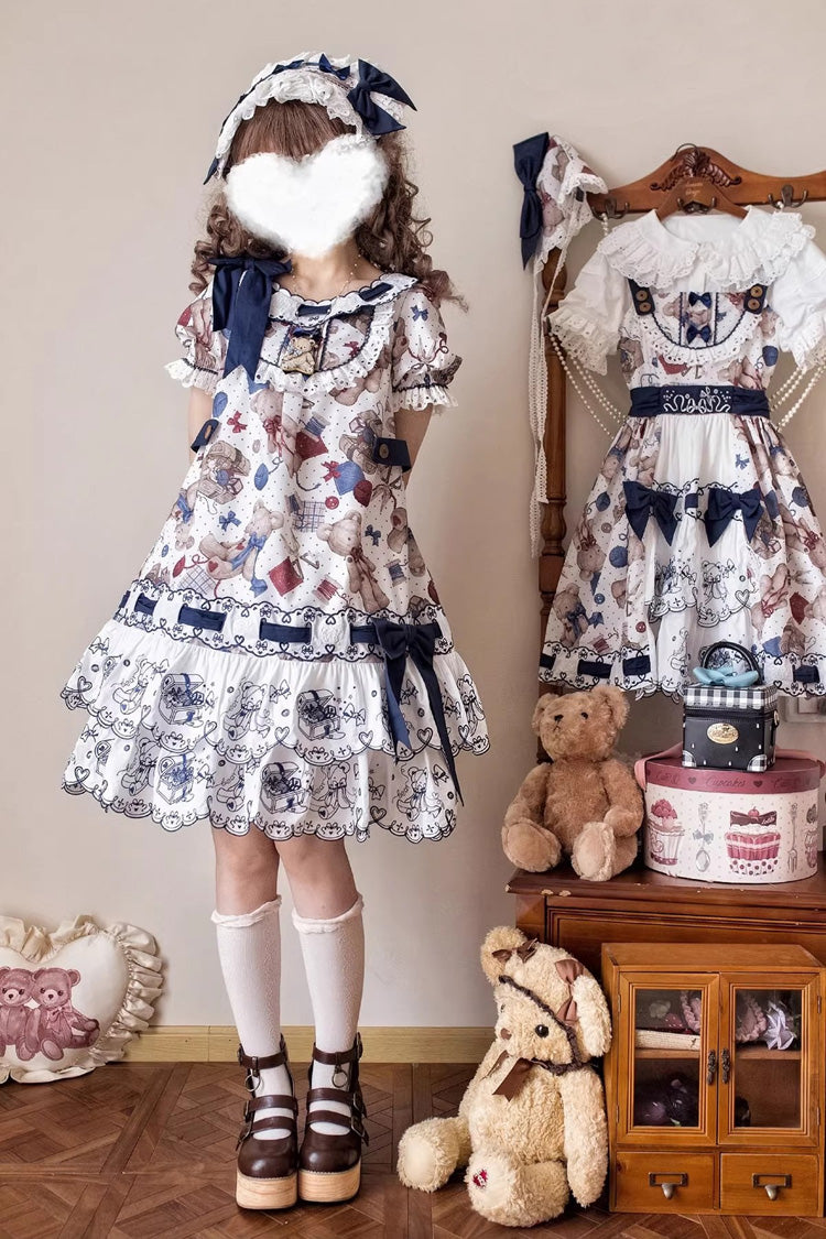 Multi-Color [Little Bear Tailor] Round Collar Short Sleeves Double-Layered Printed Ruffled Bow Sweet Lolita Dress - Multi-Color - 1