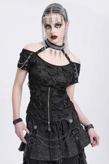 Black Off Shoulder Halterneck Ripped Women's Punk Blouse - Black - 1