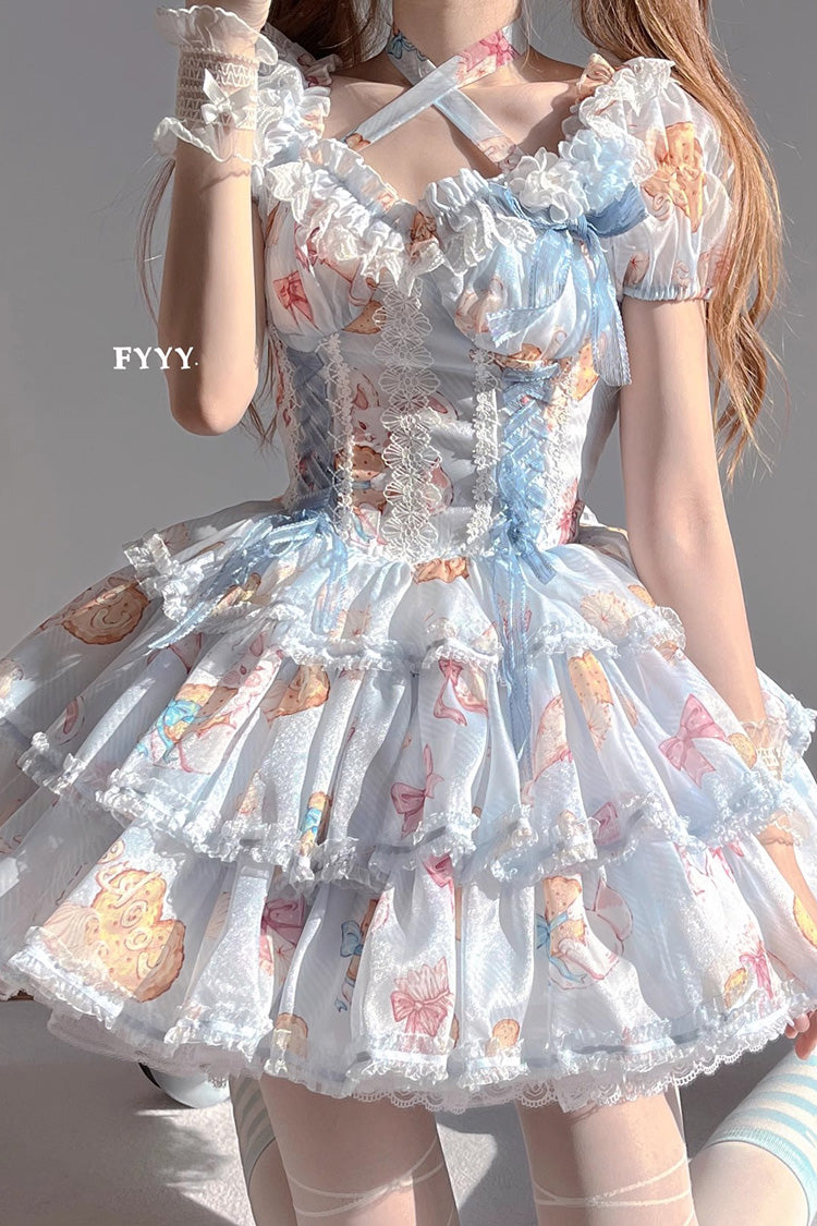 Blue Short Sleeves Multi-layer Cookie Bunny Print Bowknot Sweet Lolita Dress - Product - 3