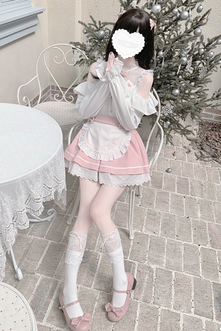 White/Pink Off Shoulder Long Sleeves Ruffle Bowknot Lace Sweet Jirai Kei Skirt - Product - 4