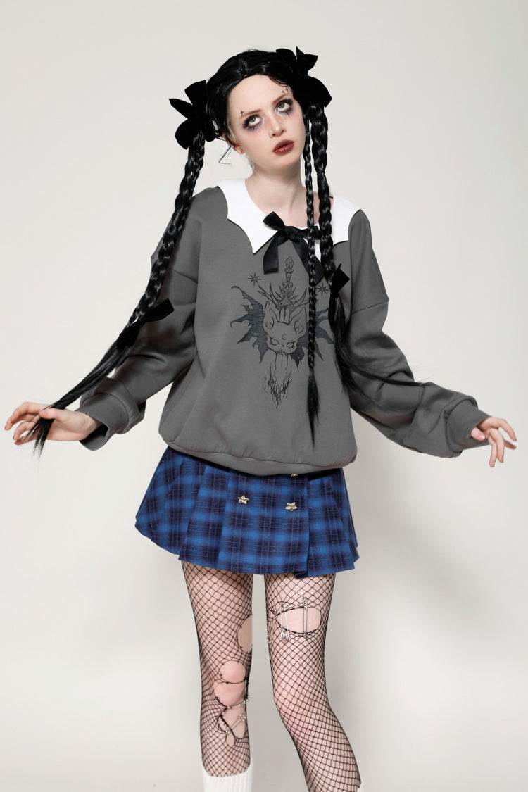 Grey Bowknot Peter Pan Collar Long Sleeves Bat Women's College Style Sweatshirt - Product - 7