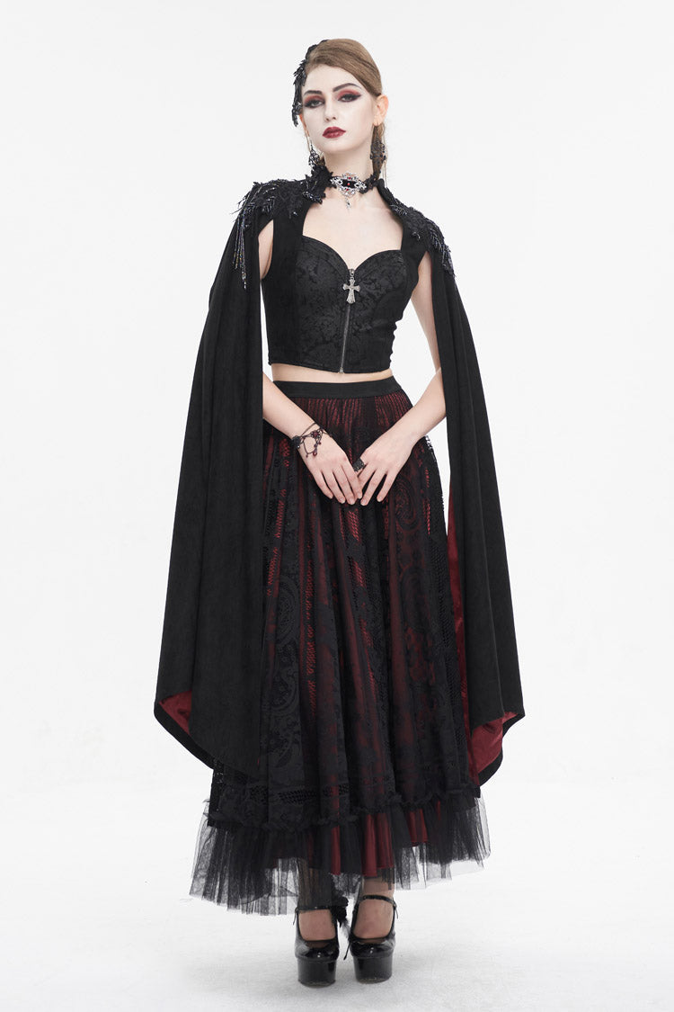 Black Stand Collar Floral Embroidered Women's Gothic Shirt Cloak - Product - 3