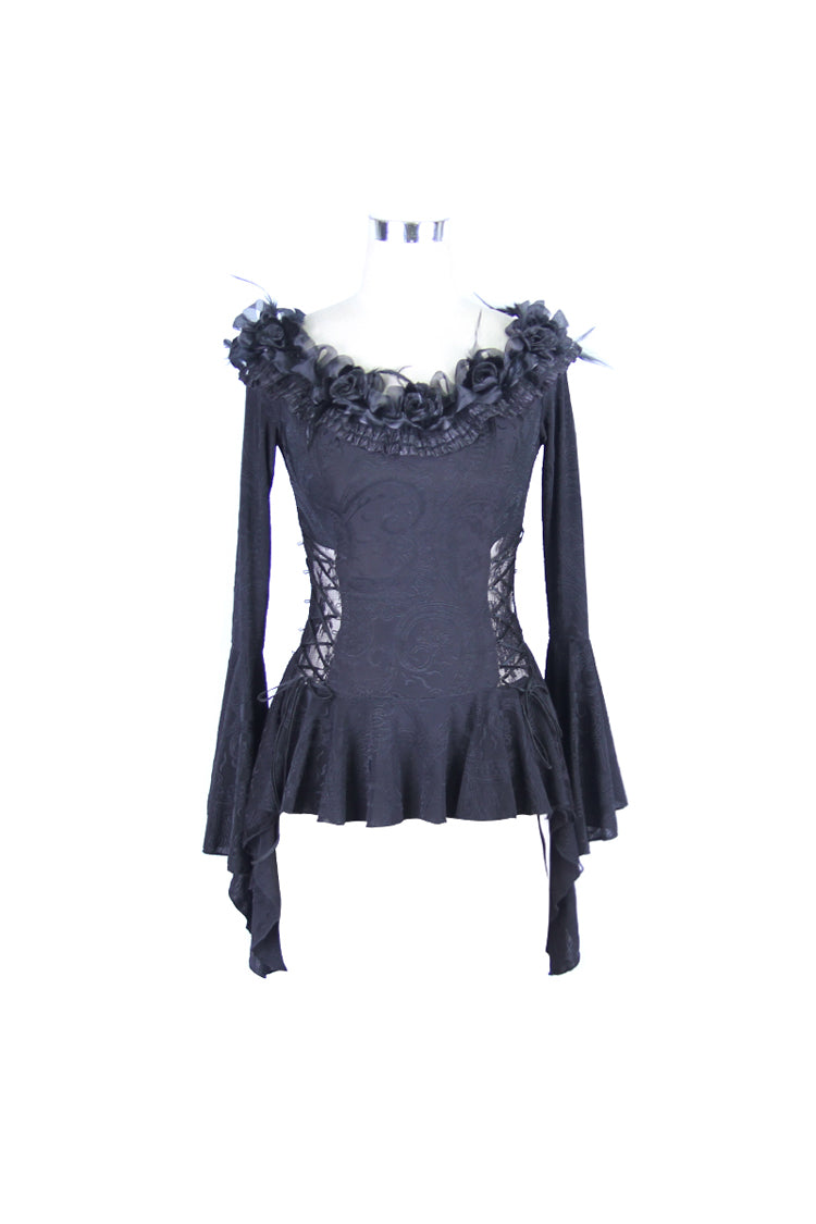 Black Knit One-Word Shoulder Rose Decoration Collar Waist Side Splice Lace Up Flare Sleeve Women's Gothic Shirt - Product - 5
