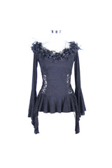 Black Knit One-Word Shoulder Rose Decoration Collar Waist Side Splice Lace Up Flare Sleeve Women's Gothic Shirt - Product - 5