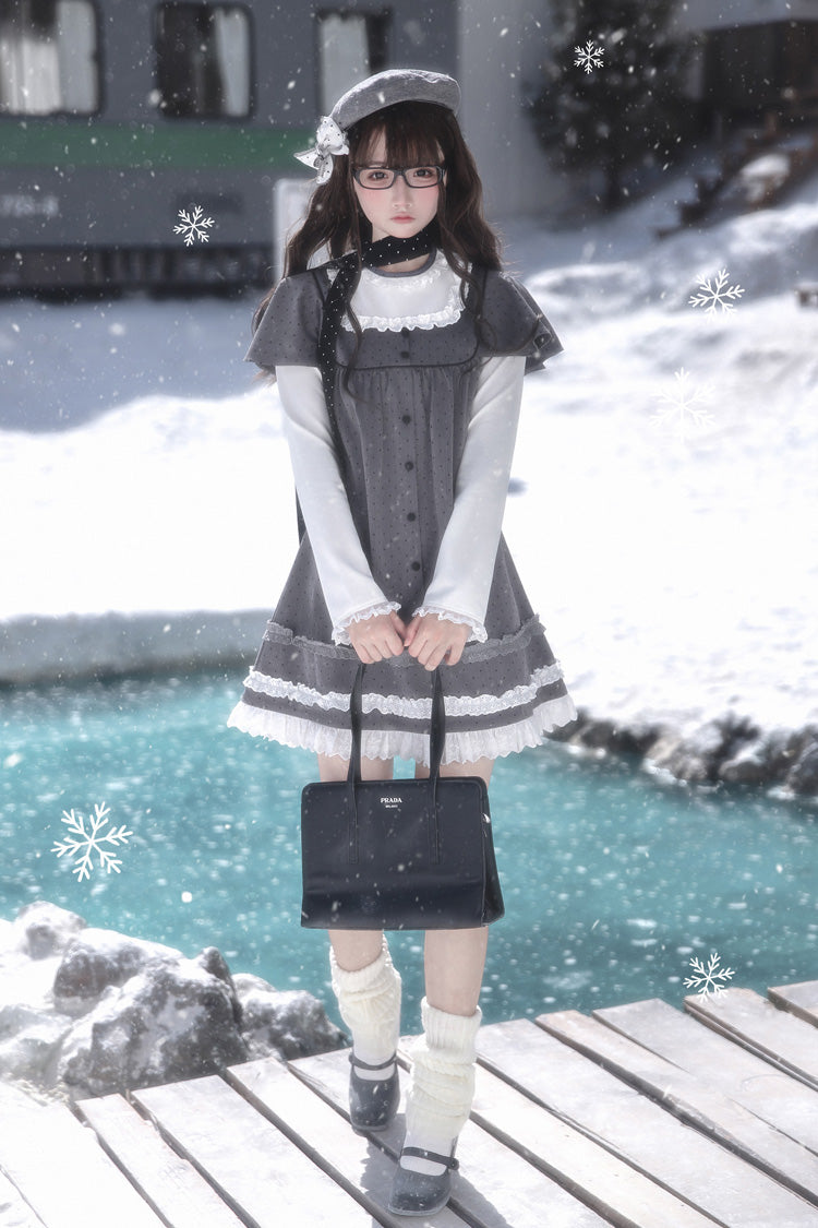 Grey Square Collar Long Sleeves Polka Dot Printed Ruffled Sweet Lolita Dress - Product - 11