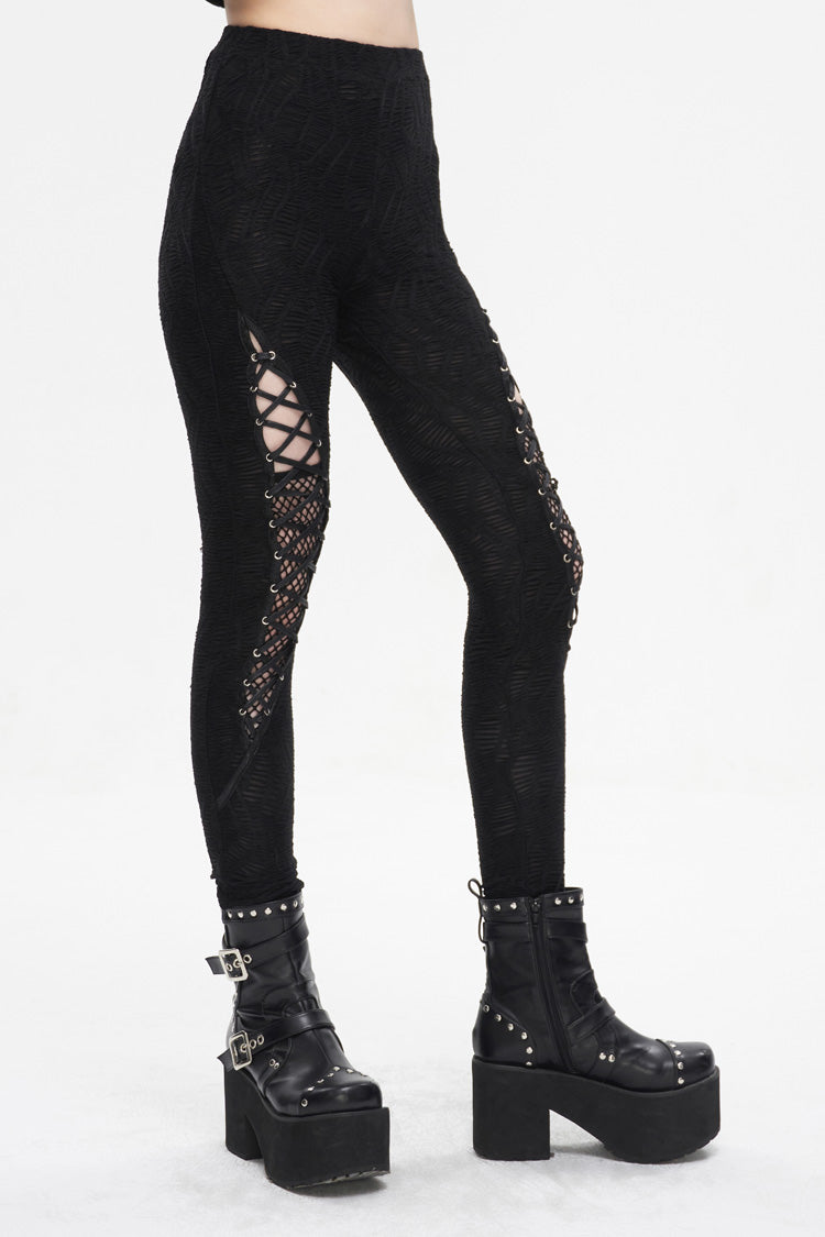 Black Strappy Mesh Splice Ruched Women's Punk Leggings - Product - 4