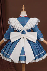 Blue Arknights Amiya Cosplay Half Sleeves Print Ruffle Bowknot Sweet Maid Lolita Dress Set - Product - 3
