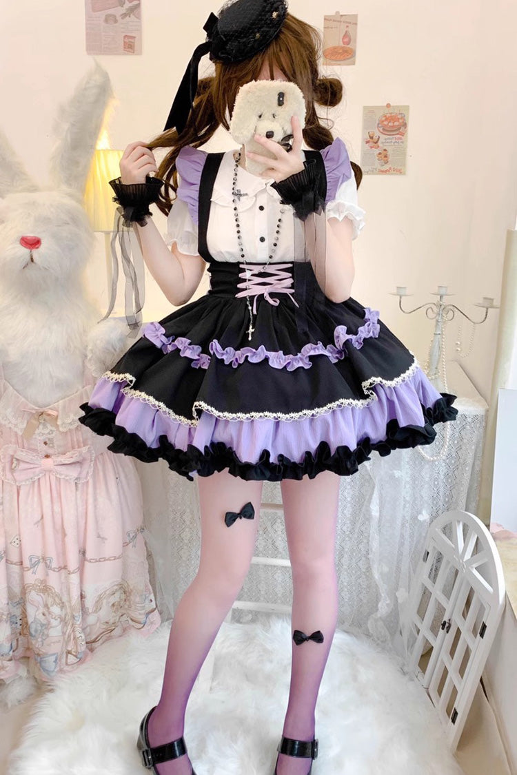 Strappy Doll Collar Ruffle Sweet Lolita Tiered Skirt 7 Colors - Black/Purple - 5