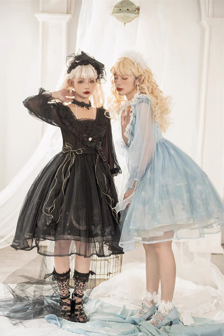 Blue High Waisted Planet Butterfly Print Ruffle Lace Sweet Lolita Dress - Product - 13
