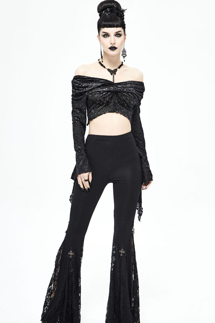 Black Long Sleeve Burnt Velvet Off-Shoulder Women's Punk Shirt - Product - 5