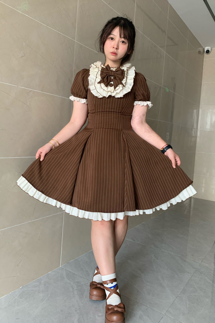 Brown Short Sleeves Stripe Print Ruffle Bowknot Sweet Plus Size Maid Lolita Dress - Product - 3