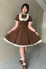 Brown Short Sleeves Stripe Print Ruffle Bowknot Sweet Plus Size Maid Lolita Dress - Product - 3