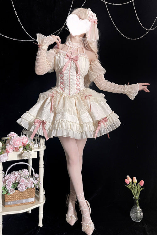 Ivory Pink Tube Top Sleeveless Blowknot Ruffled Sweet Lolita Tiered Dress - Product - 3