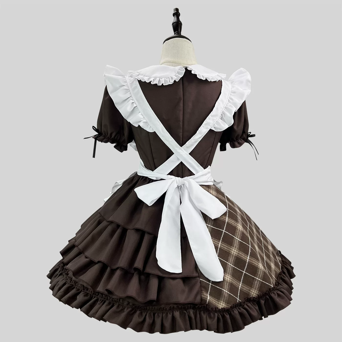 Brown Plaid Lolita Maid Dress Set Ruffled Apron Short Sleeve Bow Accent - view 3