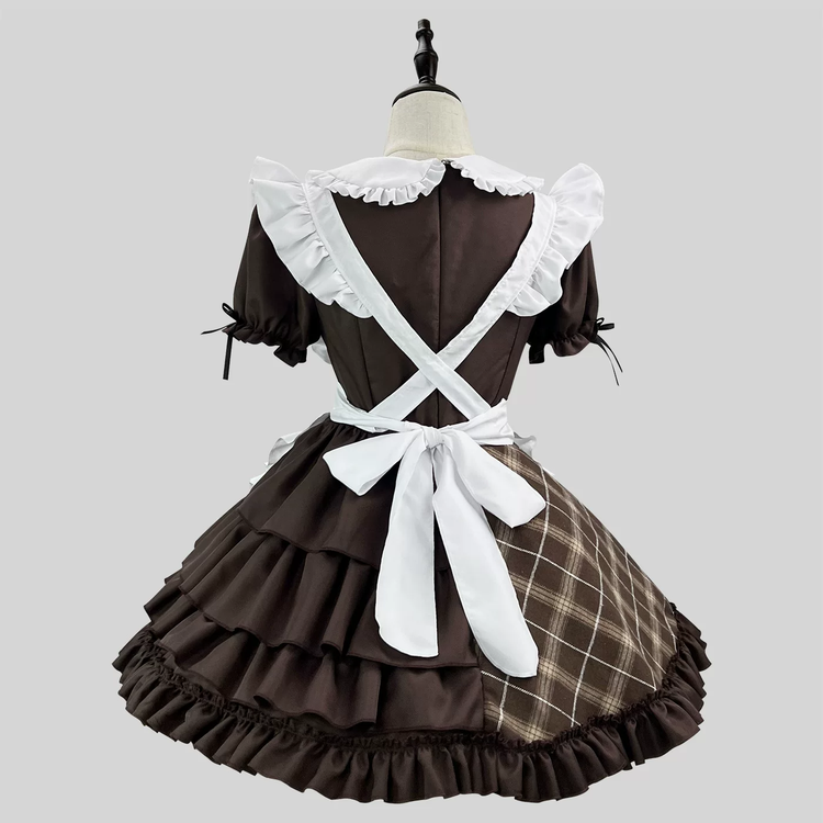 Brown Plaid Lolita Maid Dress Set Ruffled Apron Short Sleeve Bow Accent - view 3