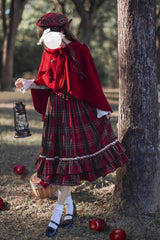 Red [Little Red Riding Hood] Double-Layered Plaid Print Ruffle Bowknot Sweet Vintage Lolita Jumper Dress - Product - 3