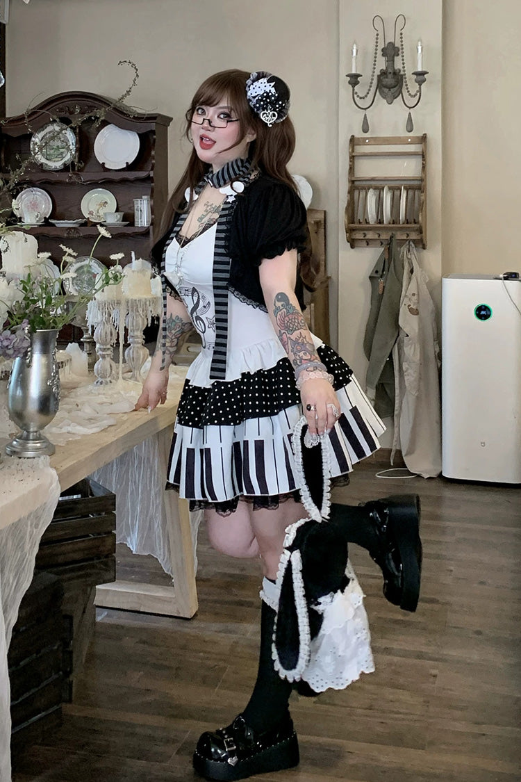 Multi-Color Halterneck Sleeveless Piano Key Music Note Printed Ruffled Lace Plus Size Japanese Sweet Lolita Jsk Dress - Product - 11