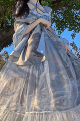 Village Print Ruffle Lace Off Shoulder Elegant Princess Sweet Lolita Jsk Dress 2 Colors - Blue - 5