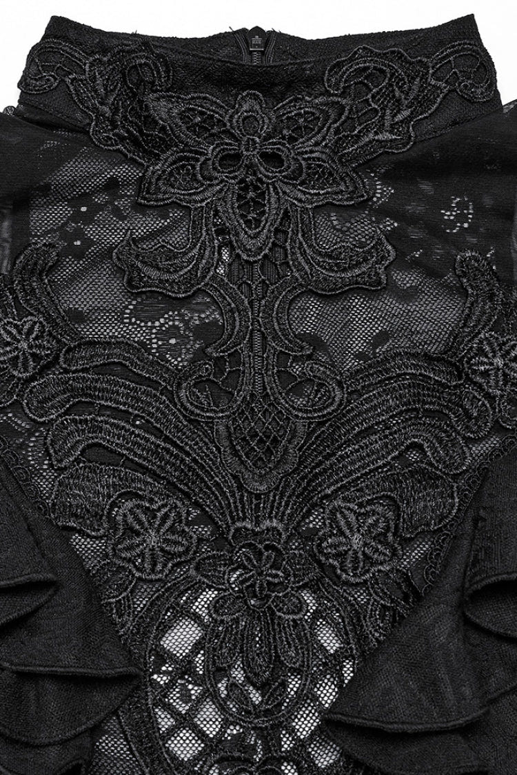 Black Stand Collar Short Sleeves Ruffle Hollow Embroidery Lace Sheer Women's Gothic Blouse - Product - 5