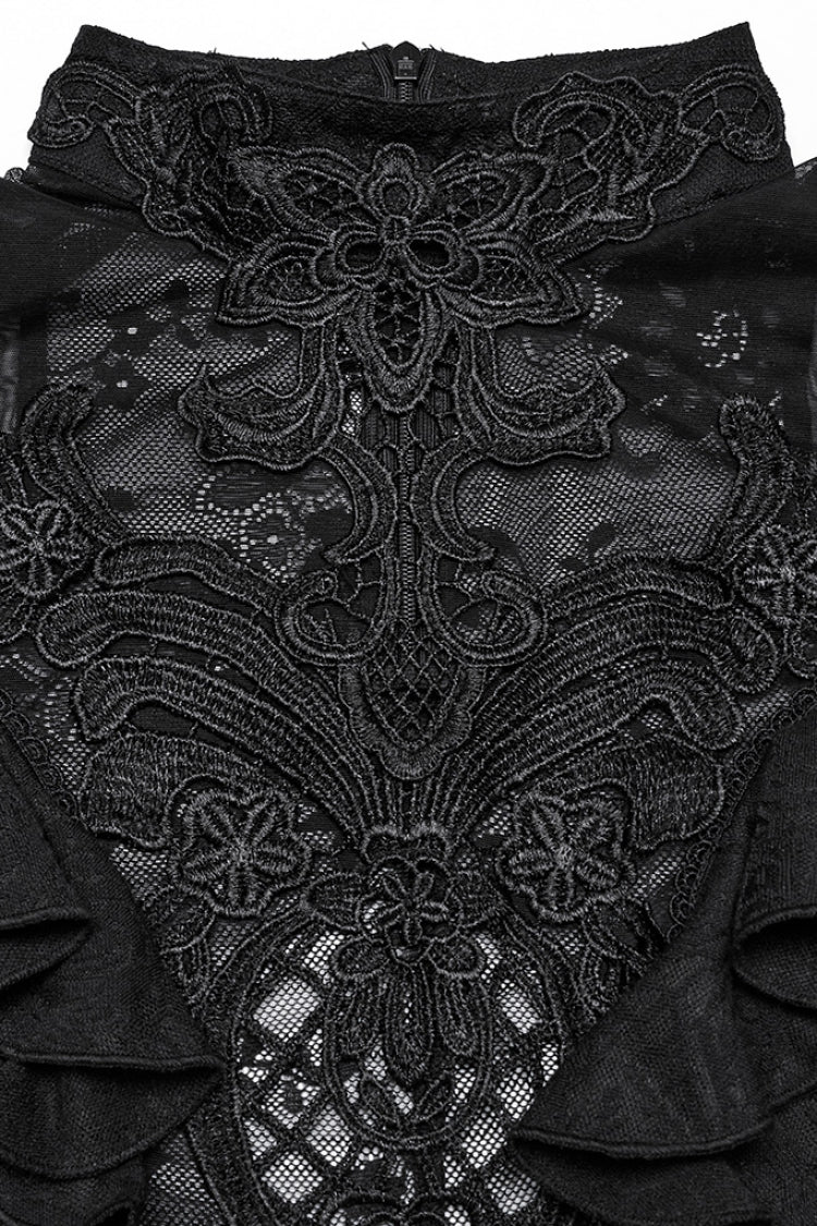 Black Stand Collar Short Sleeves Ruffle Hollow Embroidery Lace Sheer Women's Gothic Blouse - Product - 5