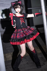 Black/Red Print Ruffle Lace-Up Gothic Japanese Princess Lolita Skirt Set - Product - 2
