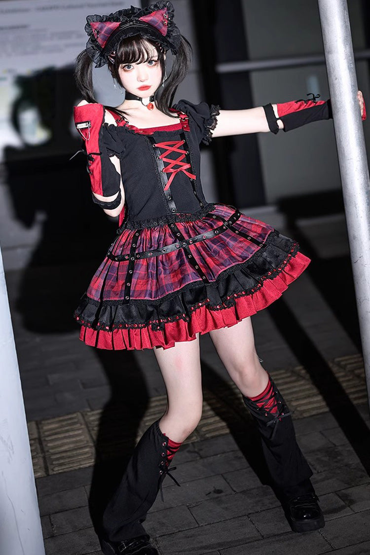 Black/Red Print Ruffle Lace-Up Gothic Japanese Princess Lolita Skirt Set - Product - 2