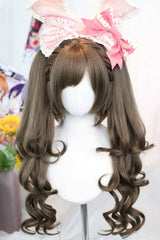 Ash Brown Side-Swept Bangs Sweet Lolita Twin Pigtails Wig Set - Ash-Brown - 1