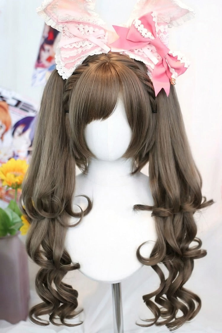 Ash Brown Side-Swept Bangs Sweet Lolita Twin Pigtails Wig Set - Ash-Brown - 1