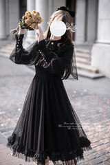 Black [Enchanted Nightdream] Long Sleeves Bowknot Lace Gothic Elegant Lolita Dress - Product - 4