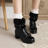 Sweet Fleece-Lined Thickened Bow Lace-Up Lolita Ankle Snow Boots 2 Colors - Black - 2