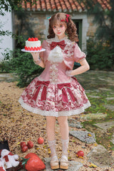 Pink/Red [Strawberry Doll Fantasy] Stand Collar Short Sleeves Jacquard Printed Bow Sweet Lolita Dress Set - Product - 5