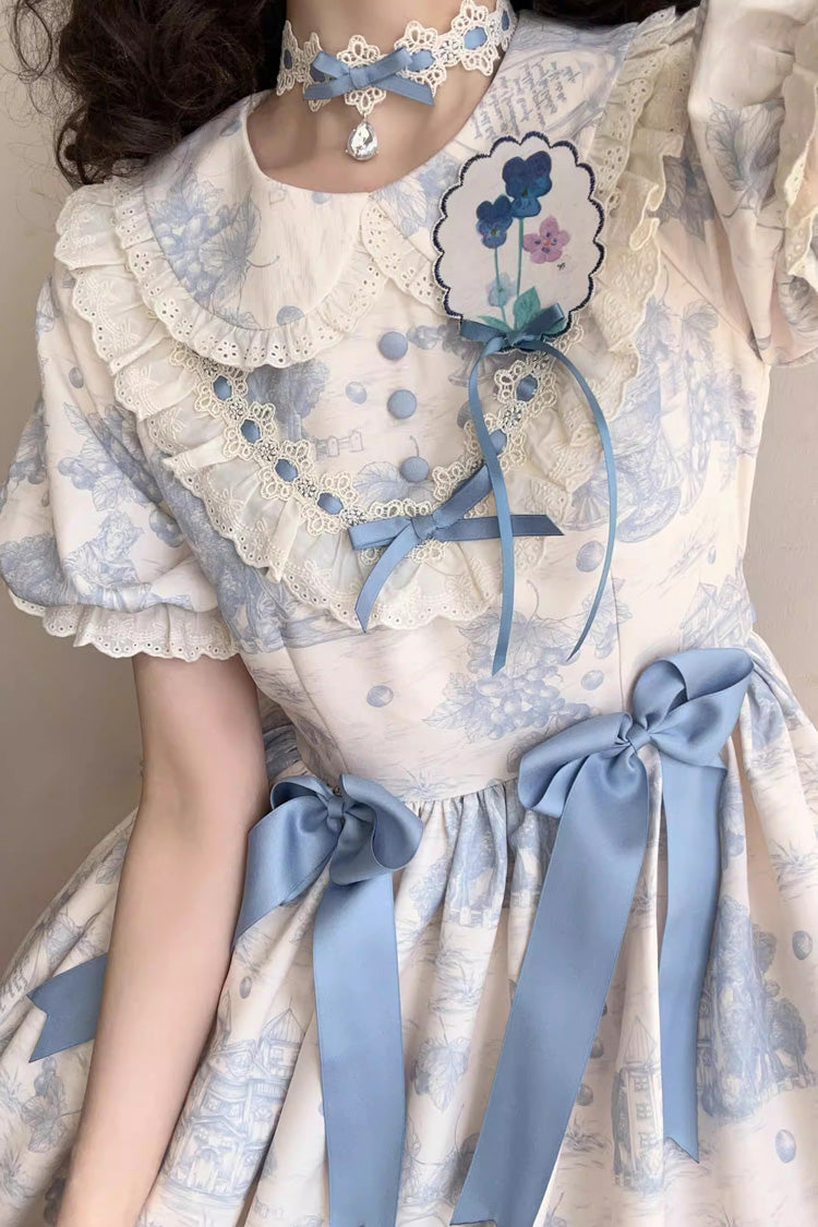 Blue [Grape Moon Almanac] Short Sleeves Multi-Layered Printed Ruffled Bow Sweet Lolita Dress - Product - 4