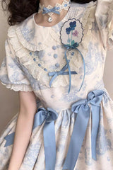 Blue [Grape Moon Almanac] Short Sleeves Multi-Layered Printed Ruffled Bow Sweet Lolita Dress - Product - 4