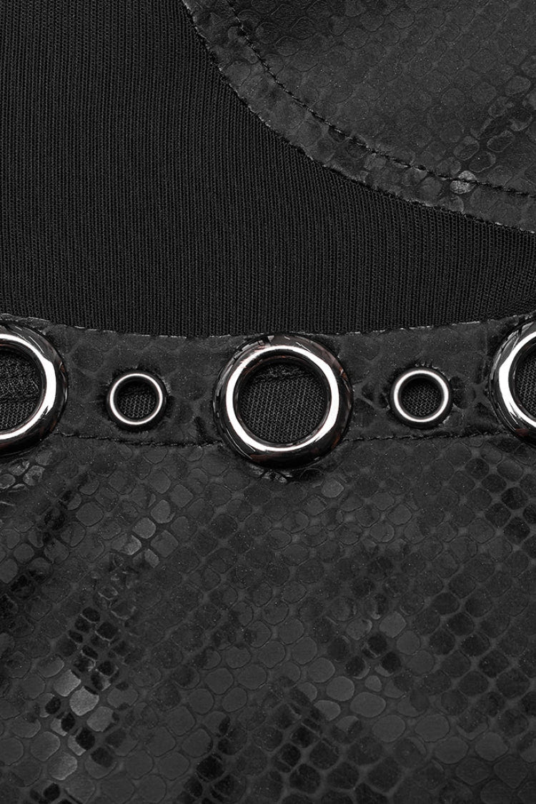 Black Sleeveless Metal Rings Hollow Mesh Women's Steampunk Dress - Product - 7