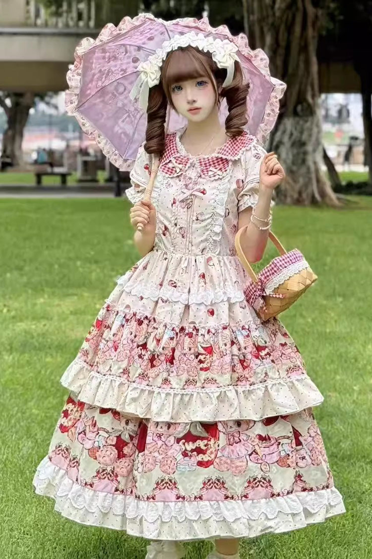 Ivory [Bear Strawberry Ode] Print Short Sleeves Double-Layered Ruffle Bowknot Sweet Princess Lolita Jsk Dress - Ivory - 1