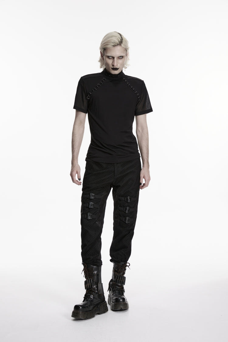 Black Spliced Slim Mesh Buckled Men's Punk Cool Pants - Product - 3