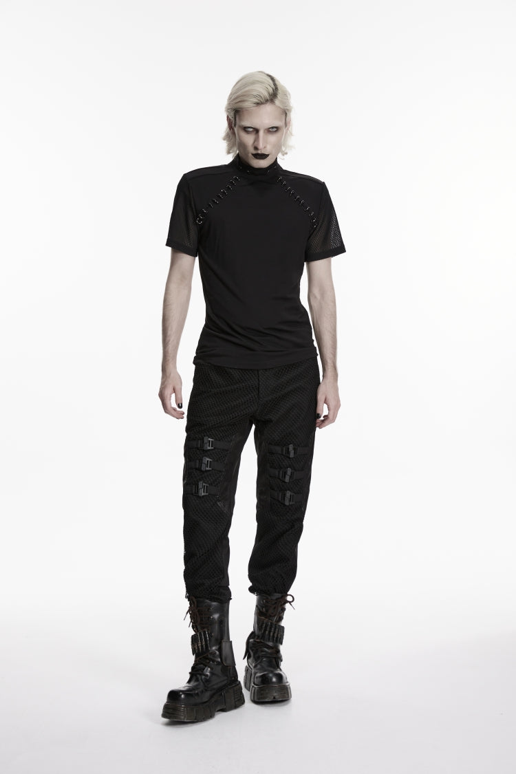 Black Spliced Slim Mesh Buckled Men's Punk Cool Pants - Product - 3