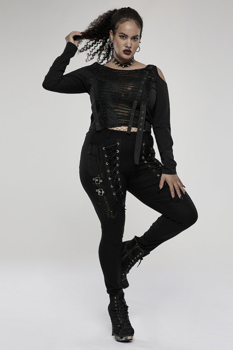 Black Elasticity Knitting Holes Design Cross Tied Rope Decoration Sexy Tight Women's Plus Size Punk Trousers - Product - 4