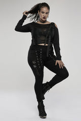 Black Elasticity Knitting Holes Design Cross Tied Rope Decoration Sexy Tight Women's Plus Size Punk Trousers - Product - 4