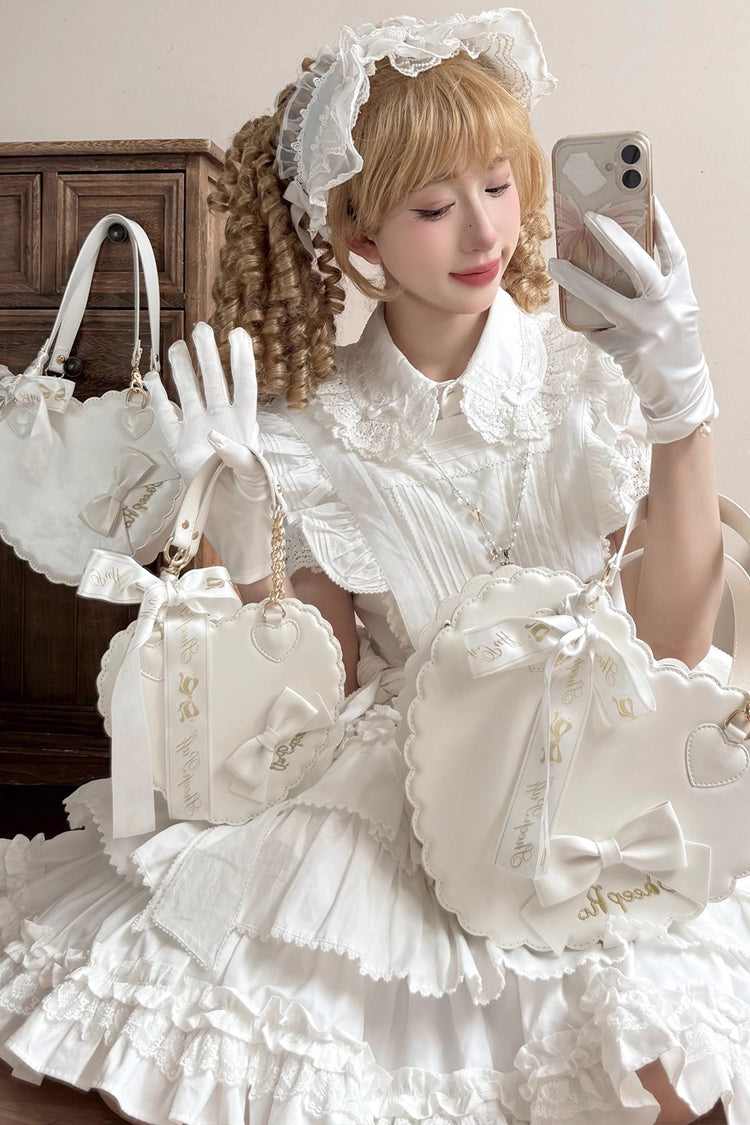 Sweet [Heart] Embroidery Bowknot Zipper Lolita Handbag 5 Colors - White - 6