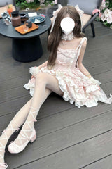 Pink [Heart of Butterfly] Halterneck Sleeveless Multi-Layered Ruffle Embroidery Princess Ballet Lolita Jsk Dress Set - Product - 10