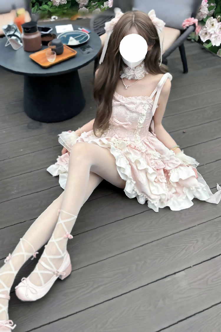 Pink [Heart of Butterfly] Halterneck Sleeveless Multi-Layered Ruffle Embroidery Princess Ballet Lolita Jsk Dress Set - Product - 10